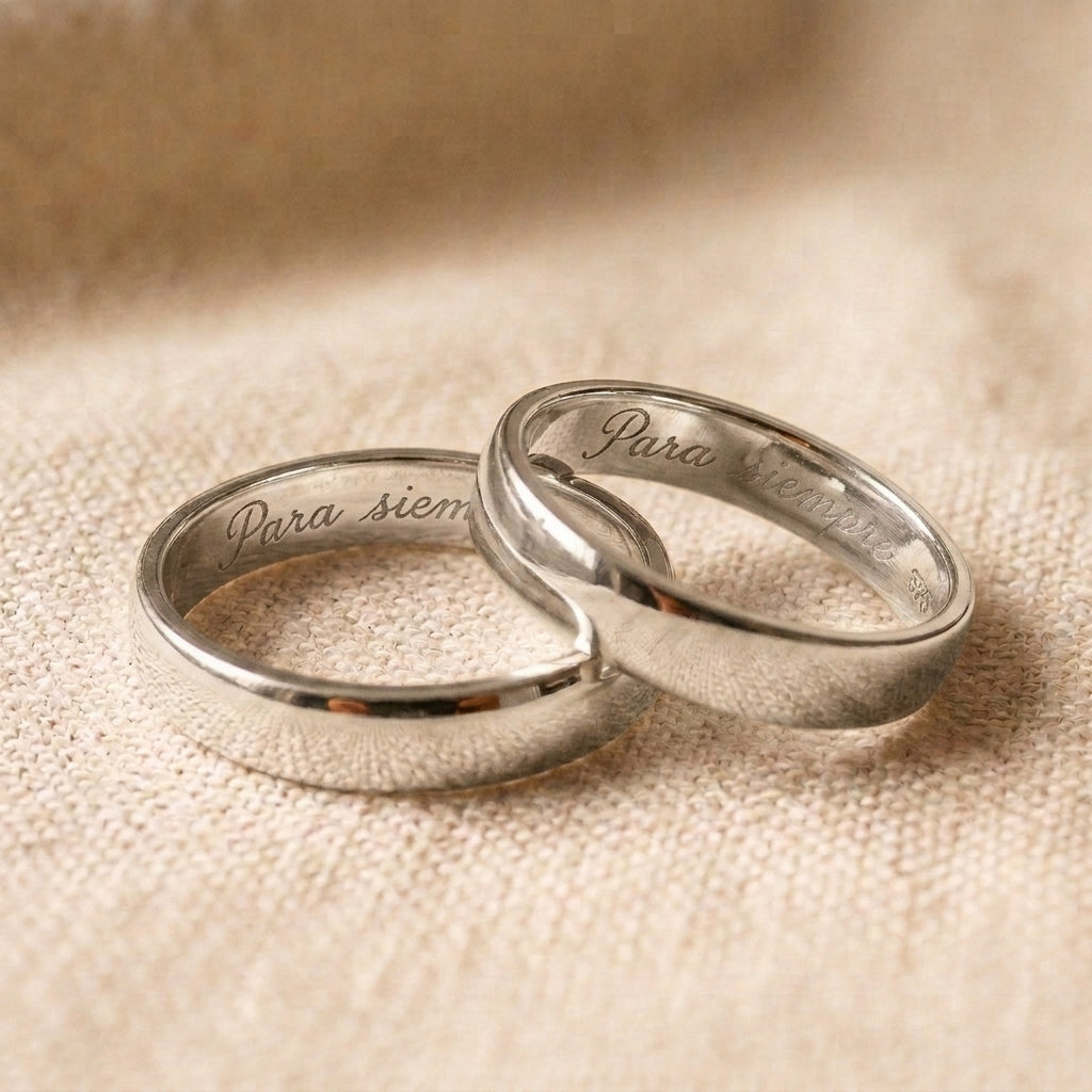 Par de alianzas cinta 4mm Oro Blanco 18k con grabado a mano