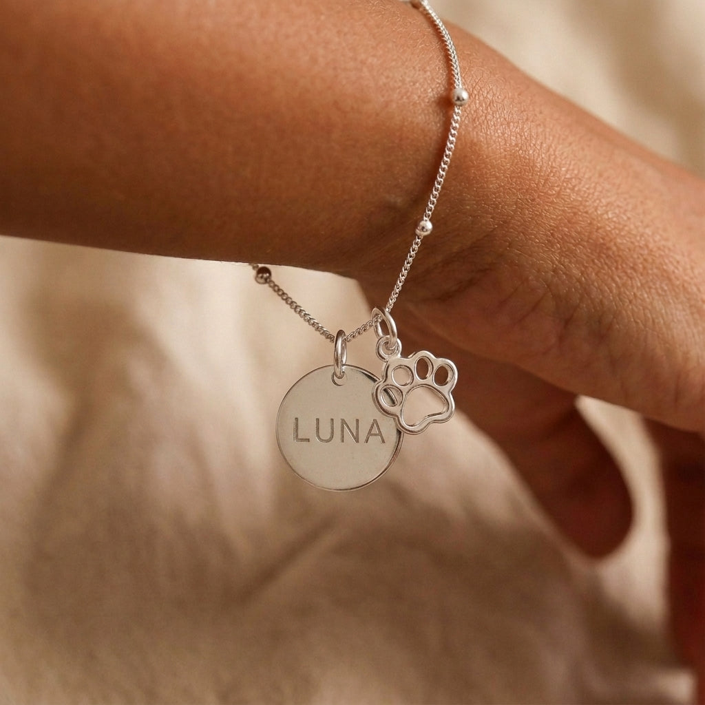 Pulsera con dije huella calada y medalla 15mm grabada a mano Plata 925