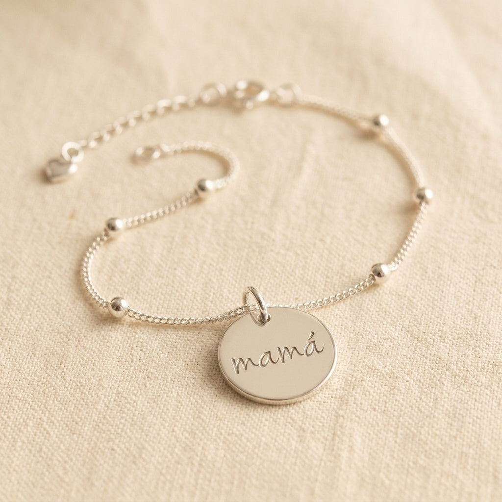 Pulsera personalizable con esferas y medalla 15mm grabada a mano Plata 925