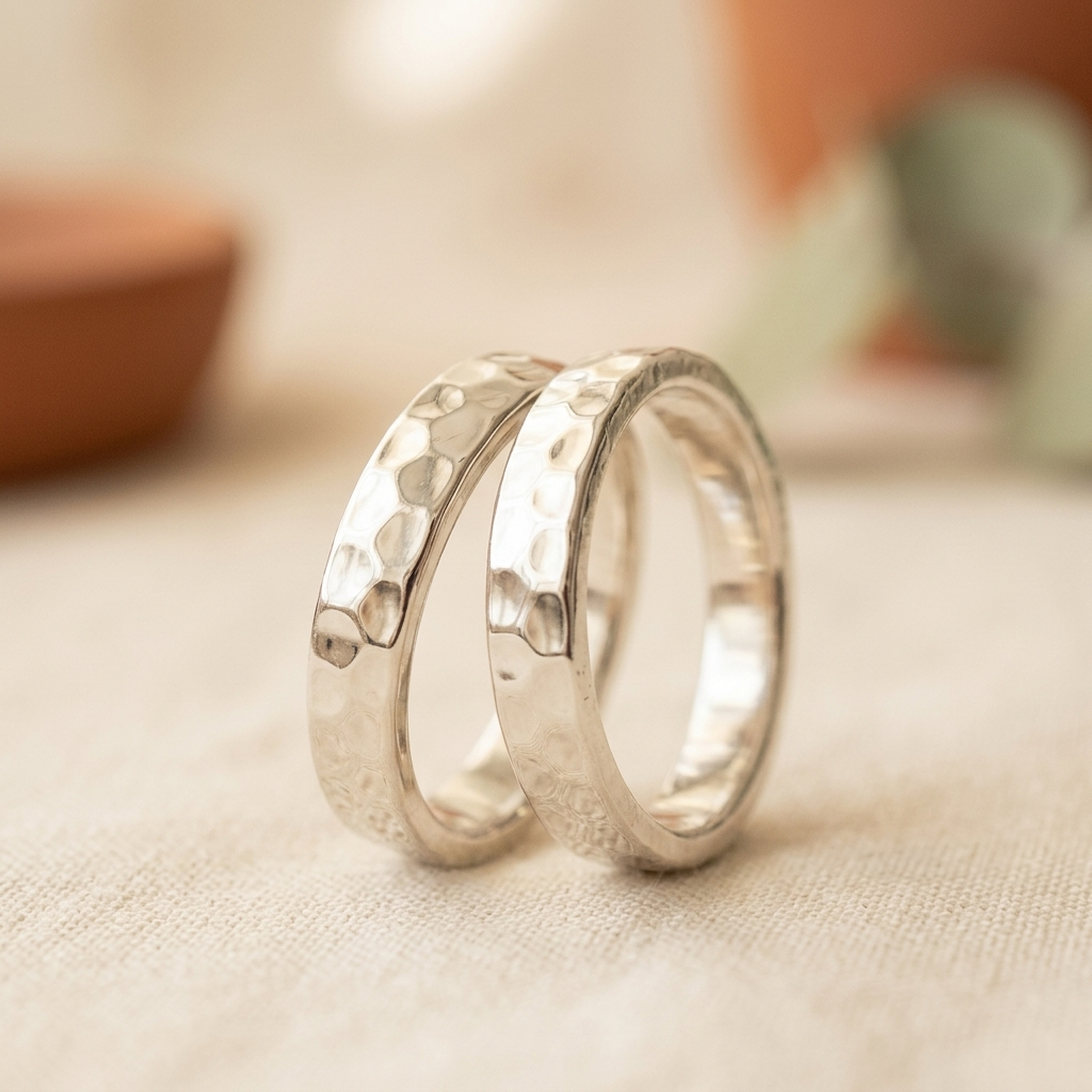 Par de alianzas martilladas 4mm Plata 925 con grabado a mano
